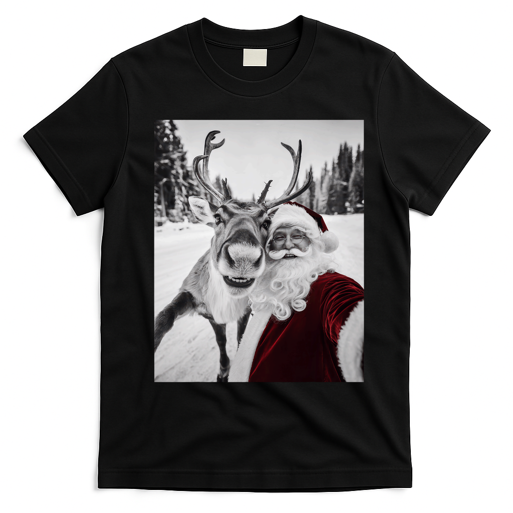 Reindeer Selfie Christmas Party Selfie Funny Reindeer Xmas T-Shirt - Black