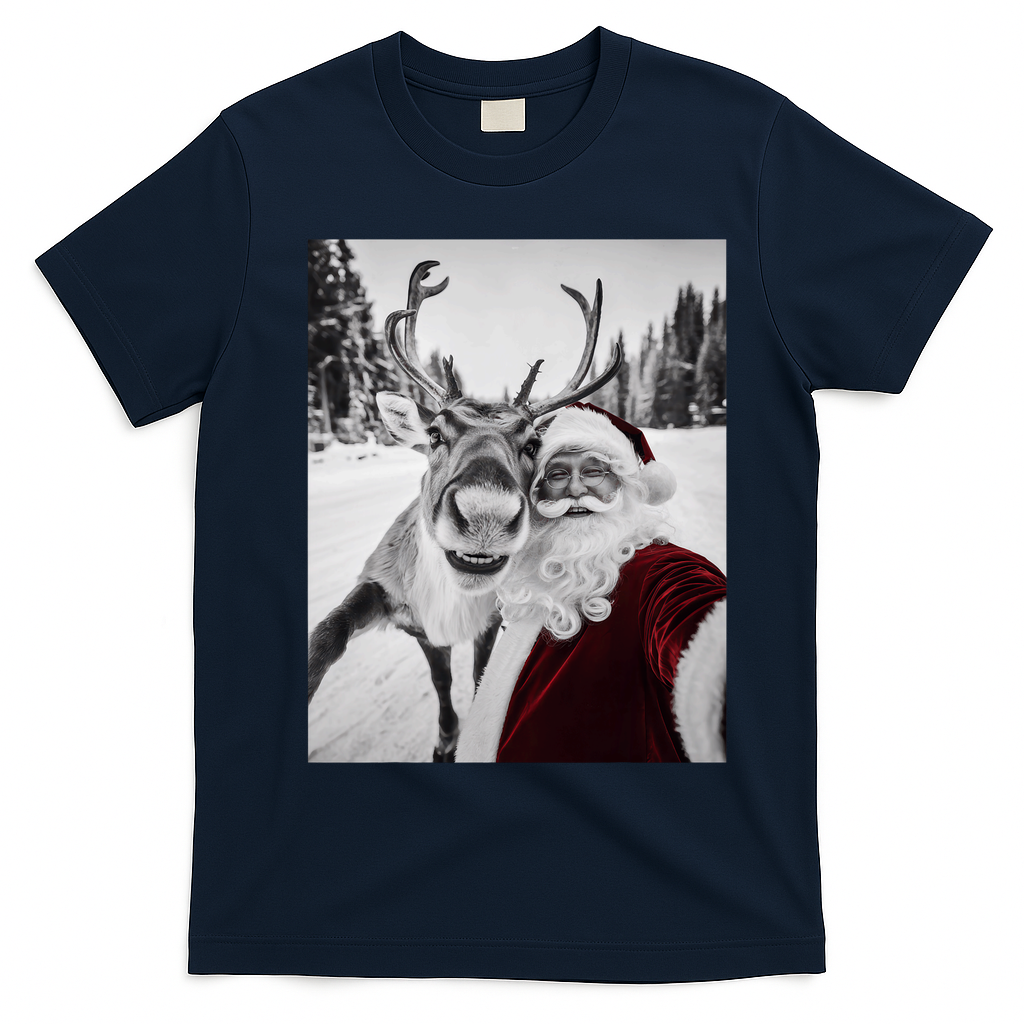 Reindeer Selfie Christmas Party Selfie Funny Reindeer Xmas T-Shirt - Navy Blue