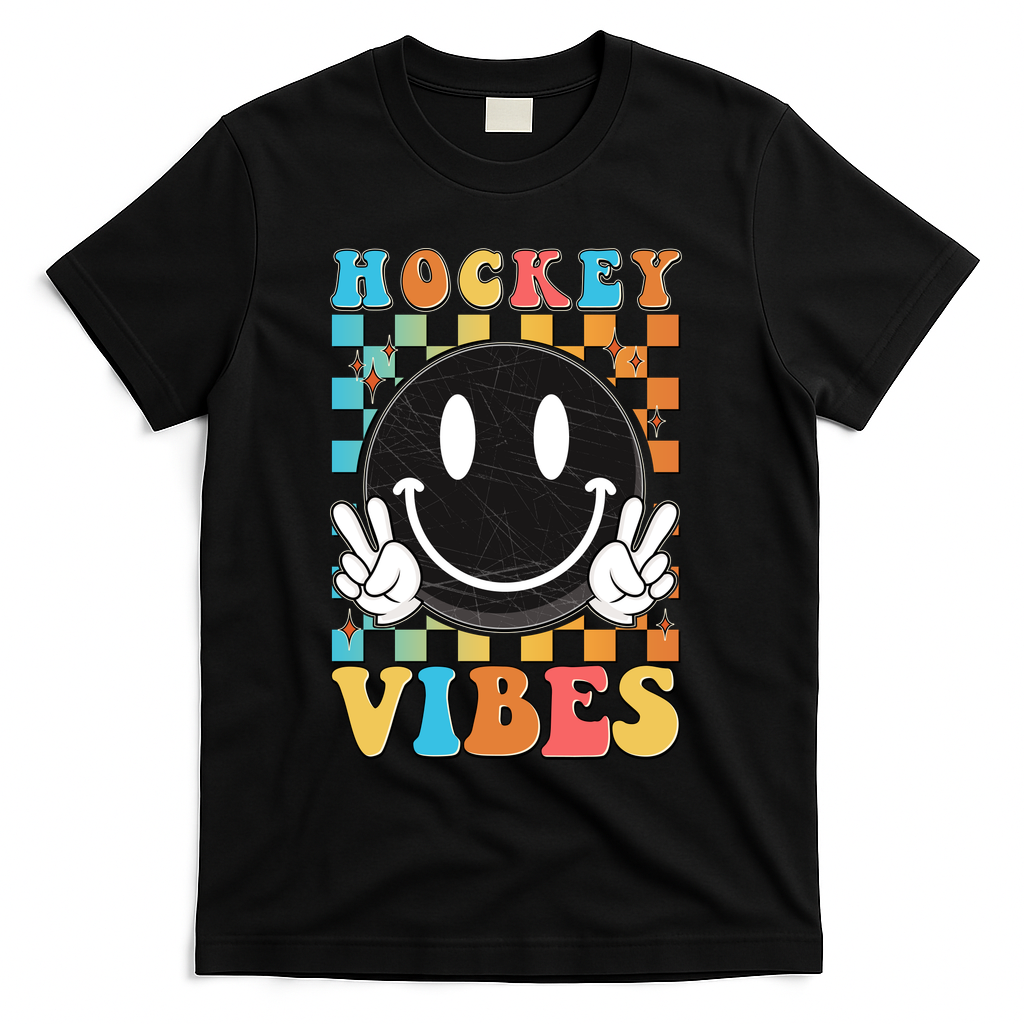 Retro Smiley Emoji Hockey Vibes T-Shirt - Black