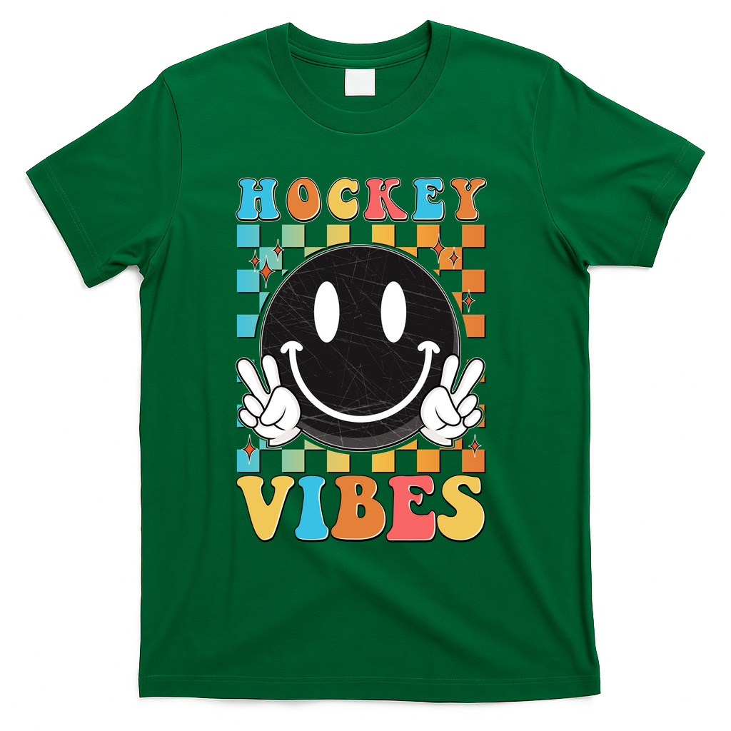 Retro Smiley Emoji Hockey Vibes T-Shirt - Green