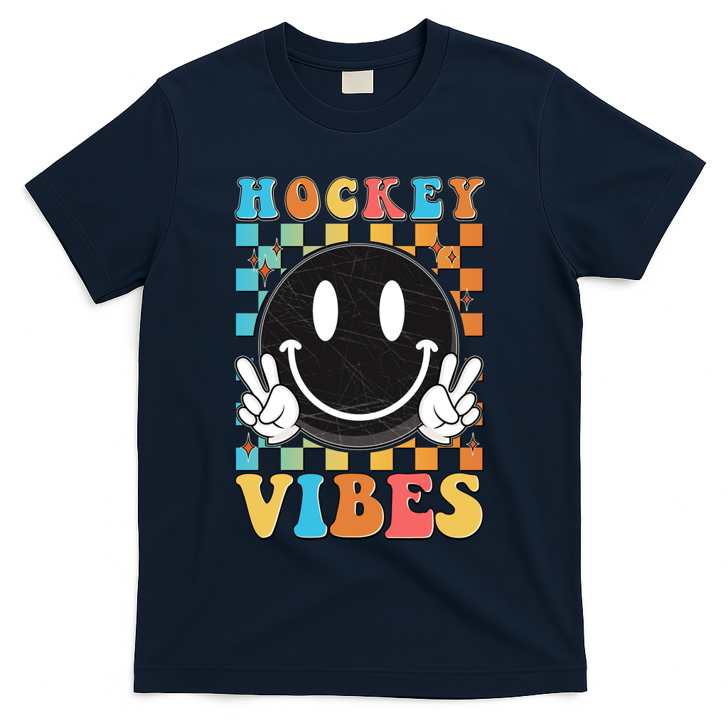 Retro Smiley Emoji Hockey Vibes T-Shirt - Navy