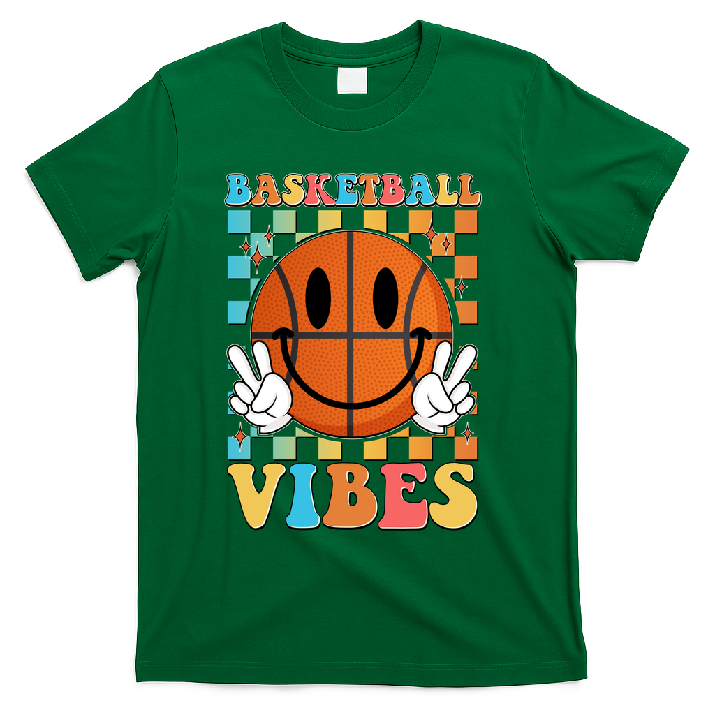 Retro Smiley Emoji Basketball Vibes T-Shirt - Green