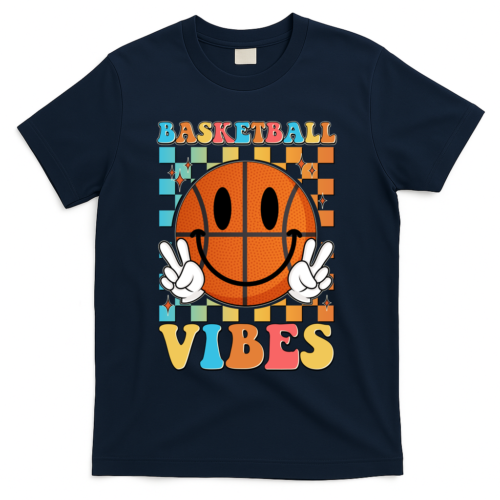 Retro Smiley Emoji Basketball Vibes T-Shirt - Navy
