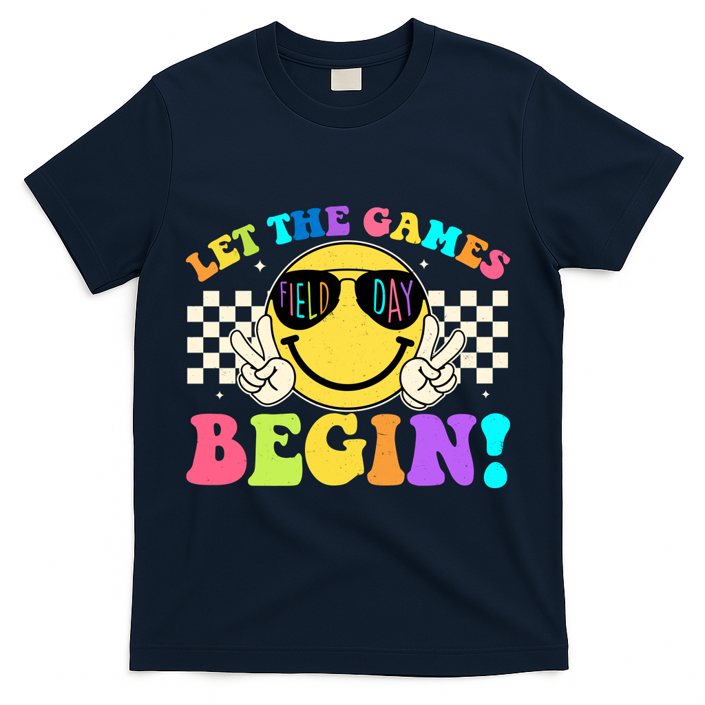 Retro Smiley Emoji Field Day Let The Games Begin T-Shirt - Navy