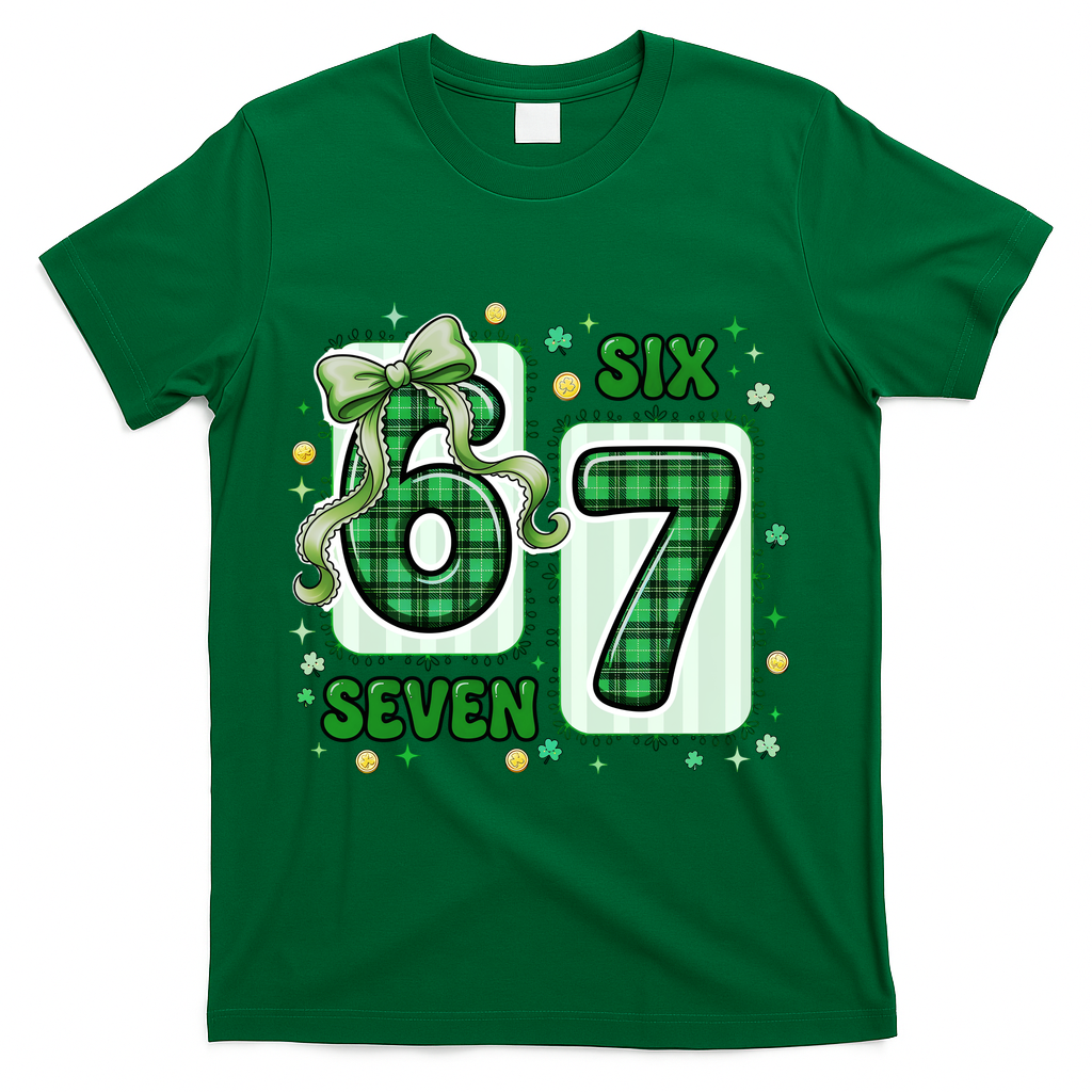 Retro St Patrick's Lucky 67 Six Seven 6-7 Meme T-Shirt - Green