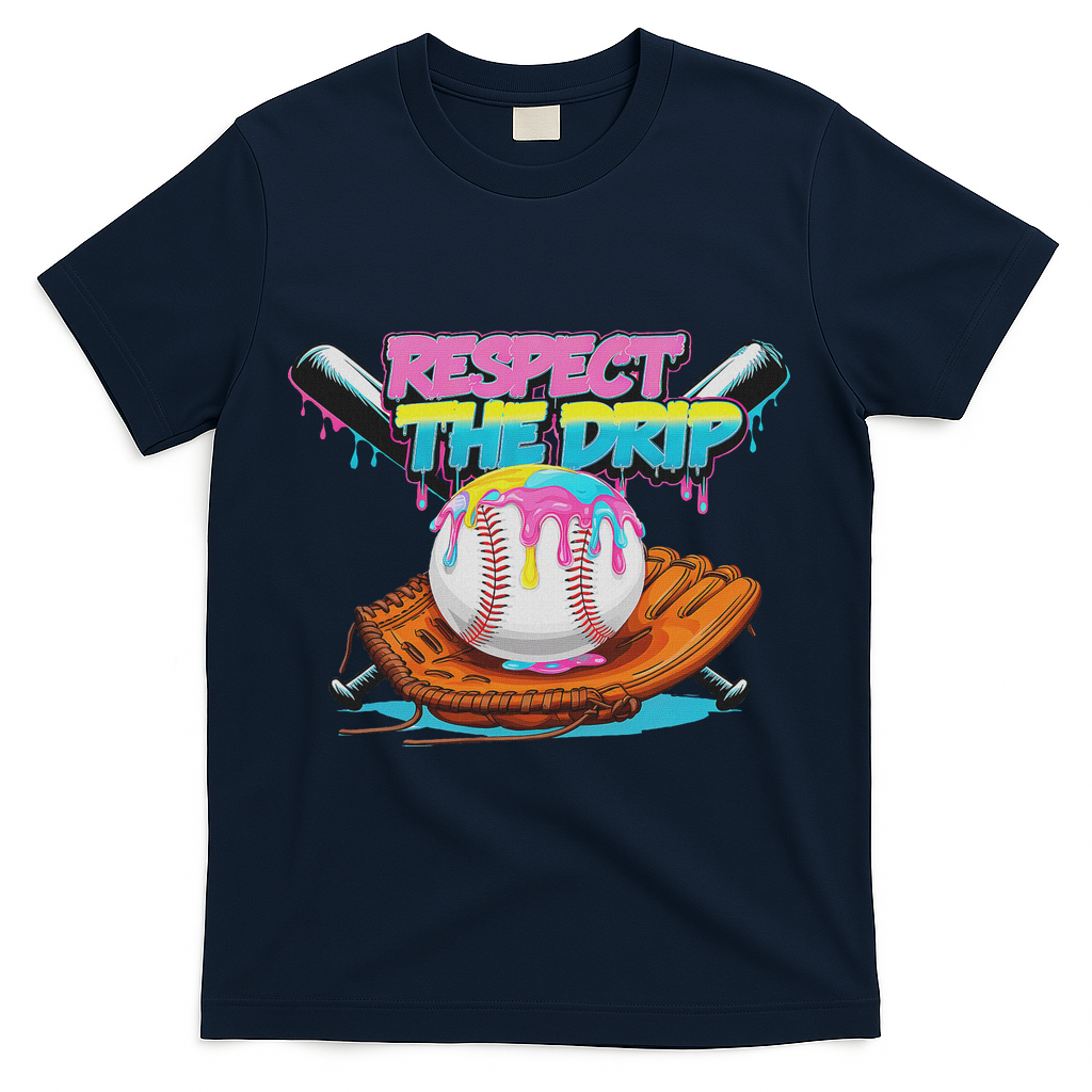 Respect The Drip Baseball Bat Glove Ice Cream Drip T-Shirt - Navy