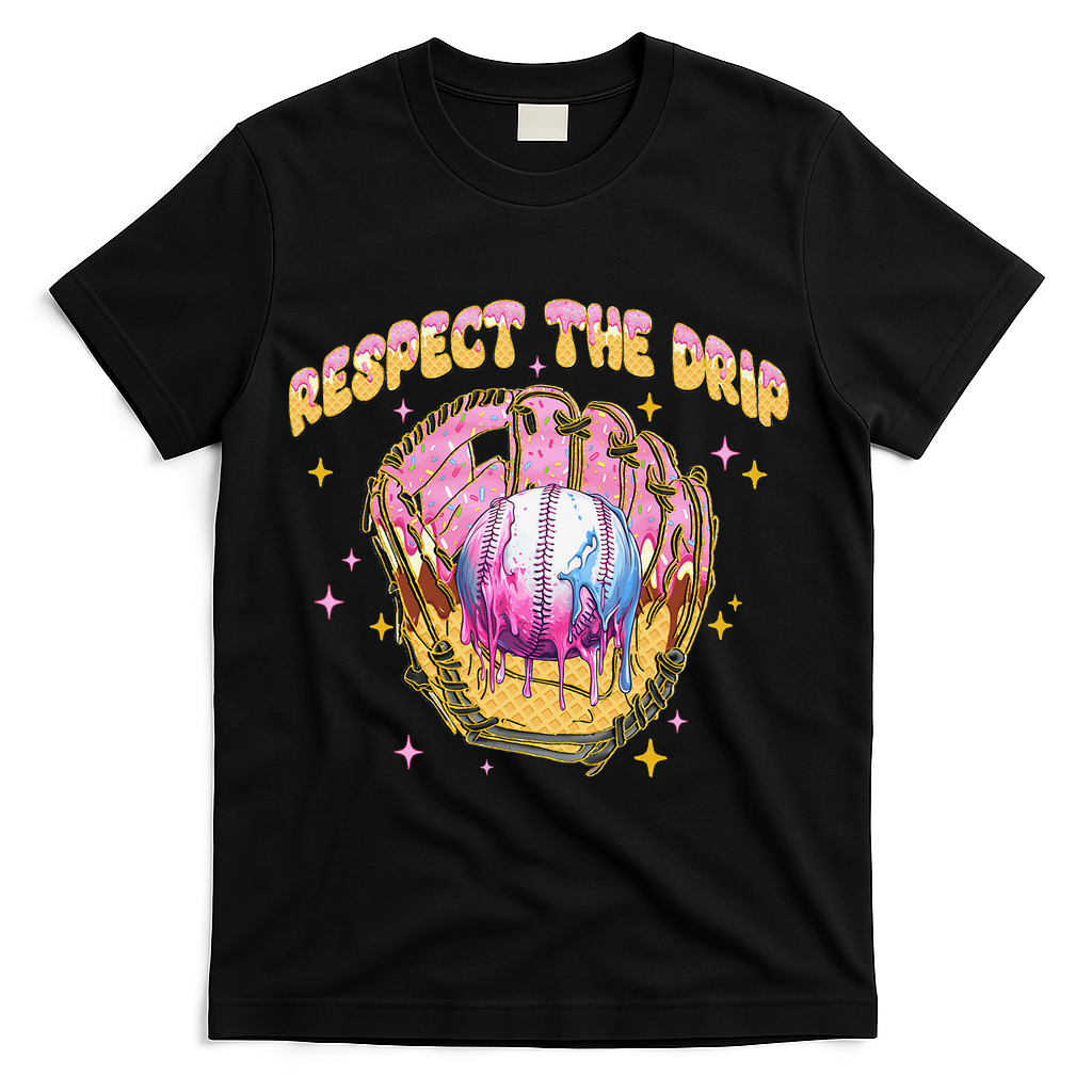 Respect The Drip Baseball Ice Cream Sport Game Day T-Shirt - Black