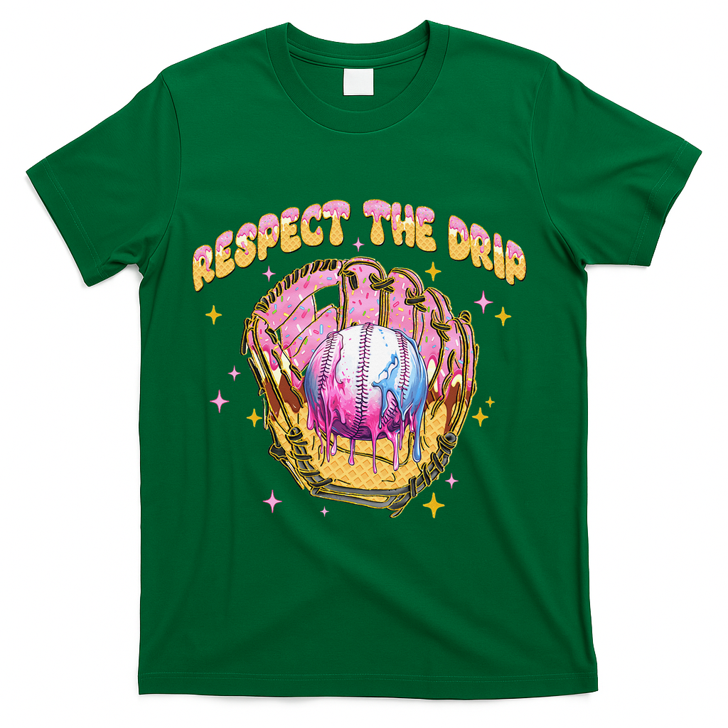 Respect The Drip Baseball Ice Cream Sport Game Day T-Shirt - Green