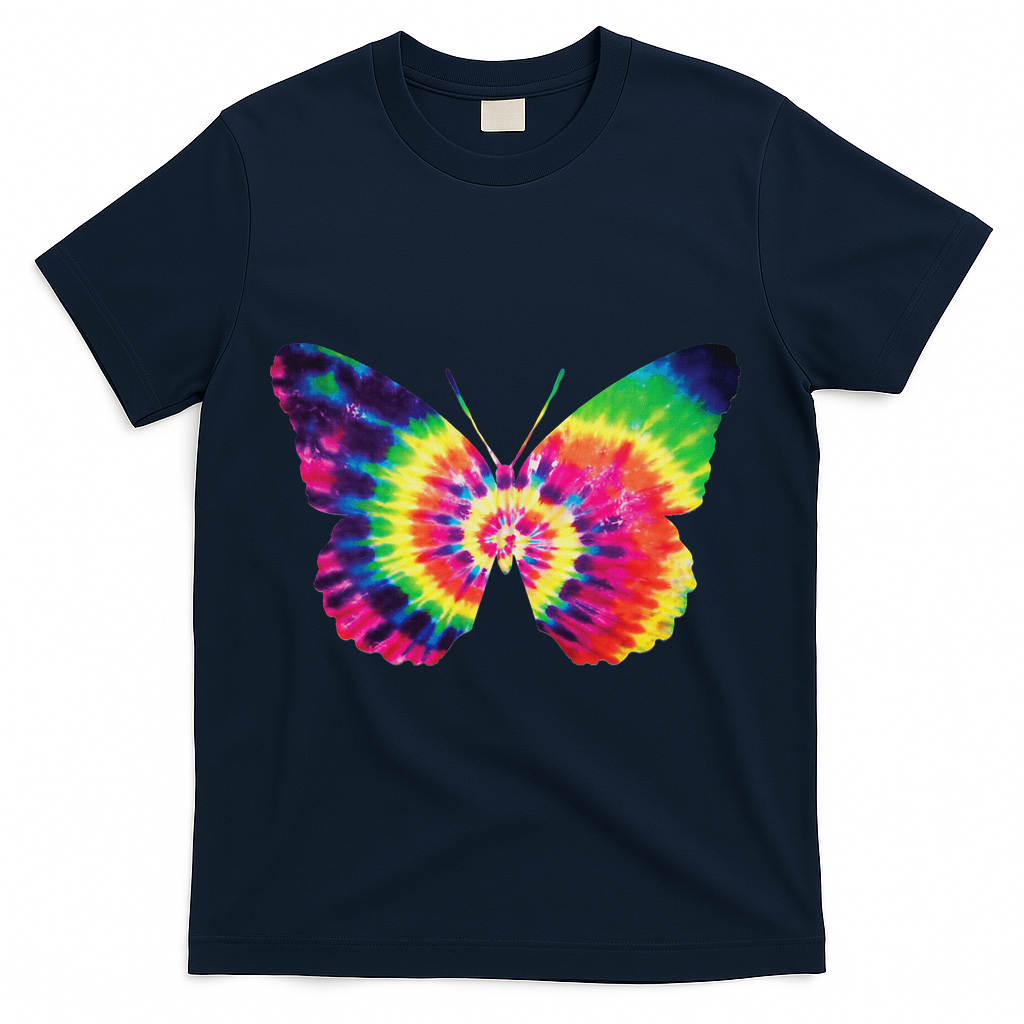 Rainbow Tie Dye Butterfly Tye Die Look Cool T-Shirt - Navy