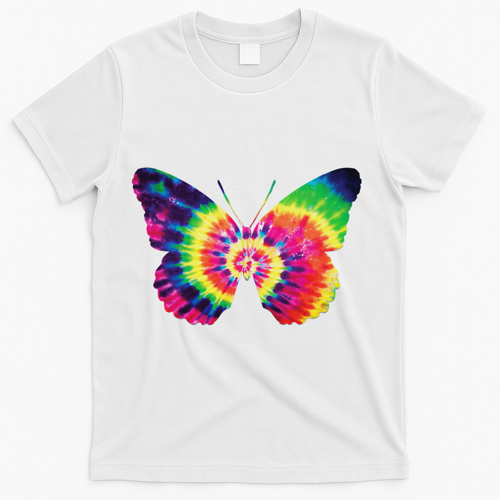 Rainbow Tie Dye Butterfly Tye Die Look Cool T-Shirt - White