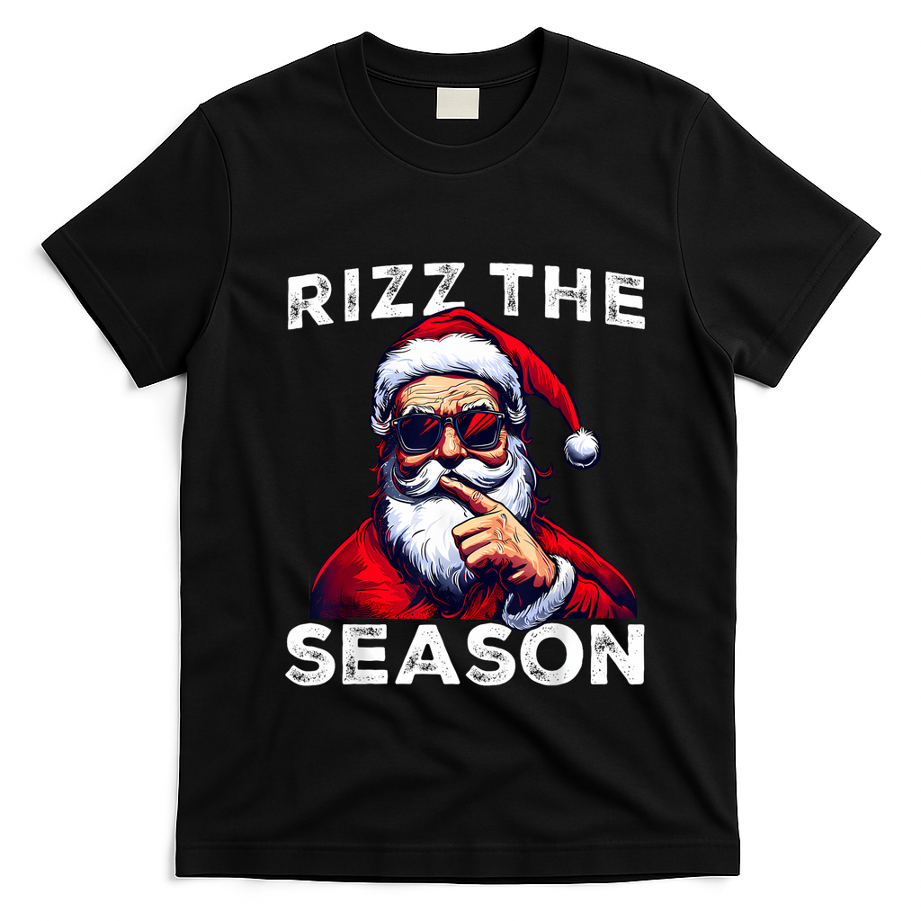 Rizz The Season Funny Santa Joke White Elephant Christmas T-Shirt - Black