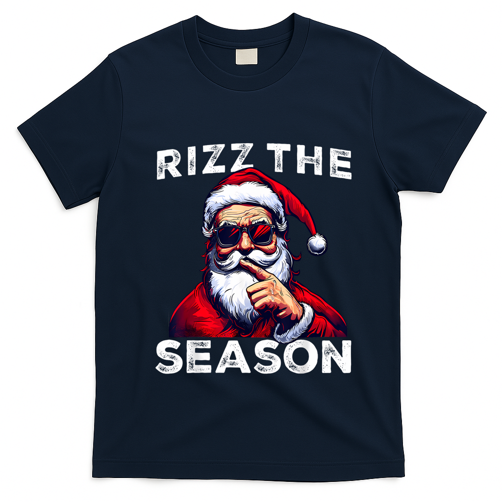 Rizz The Season Funny Santa Joke White Elephant Christmas T-Shirt - Navy Blue