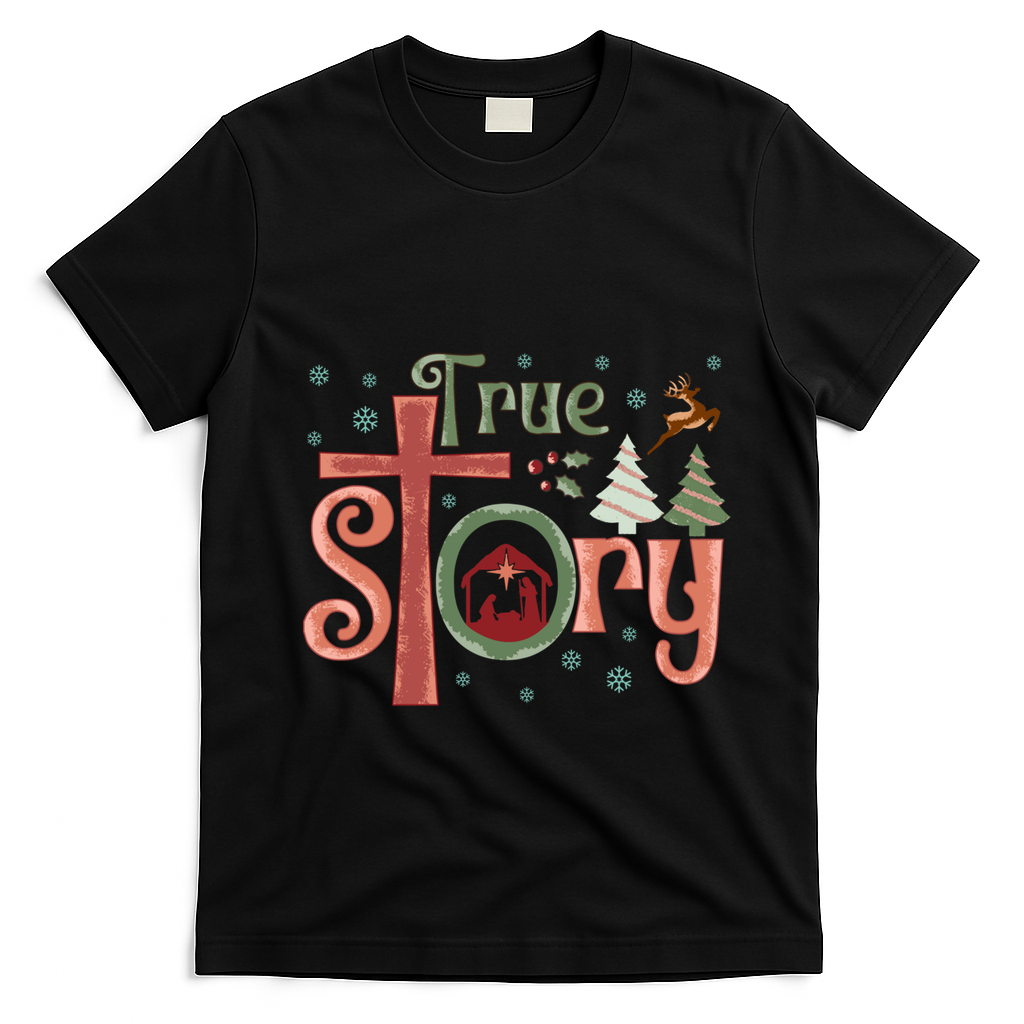 Retro True Story Jesus Christmas Nativity Scene Christian Gift T-Shirt - Black