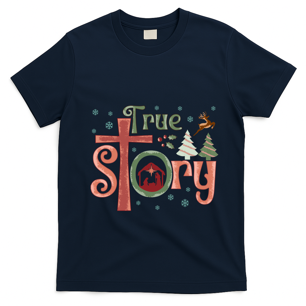 Retro True Story Jesus Christmas Nativity Scene Christian Gift T-Shirt - Navy Blue
