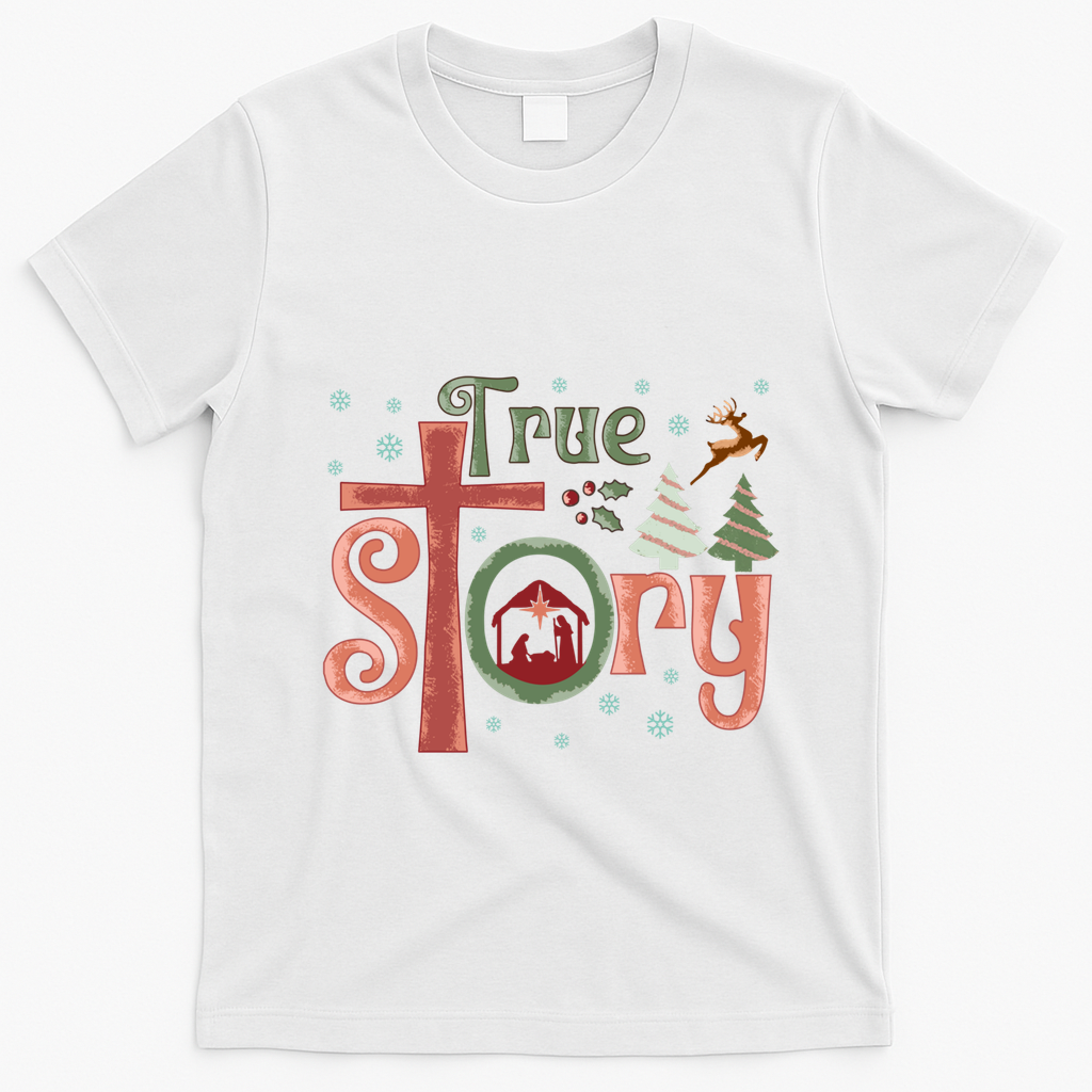 Retro True Story Jesus Christmas Nativity Scene Christian Gift T-Shirt - White