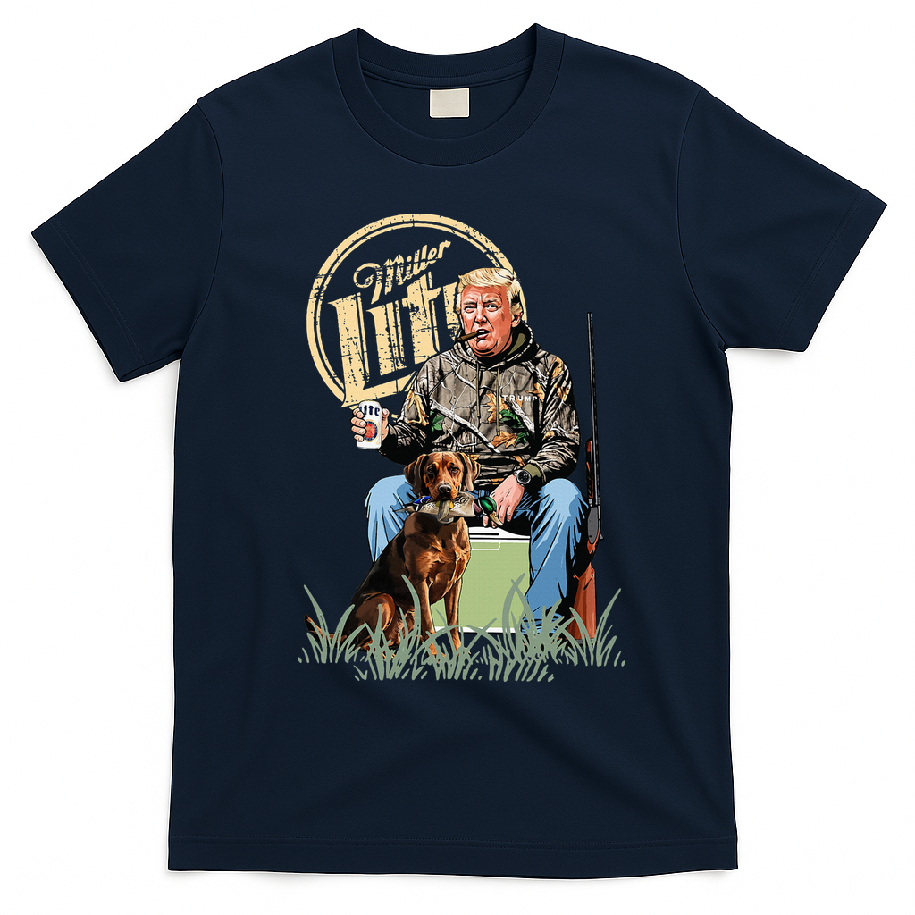 Retro Trump With Dog Fishermen Trump Fishing Hunting Season T-Shirt - Navy Blue