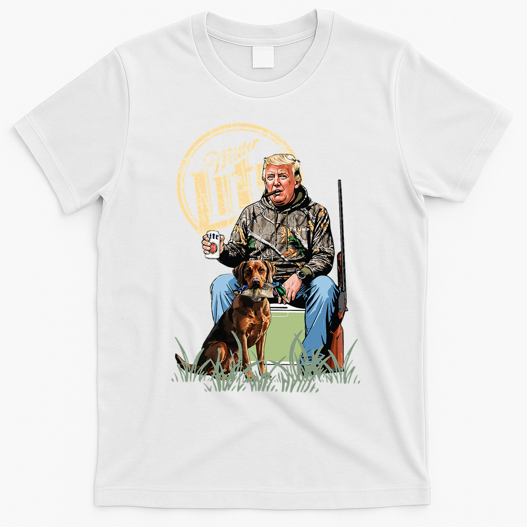 Retro Trump With Dog Fishermen Trump Fishing Hunting Season T-Shirt - White