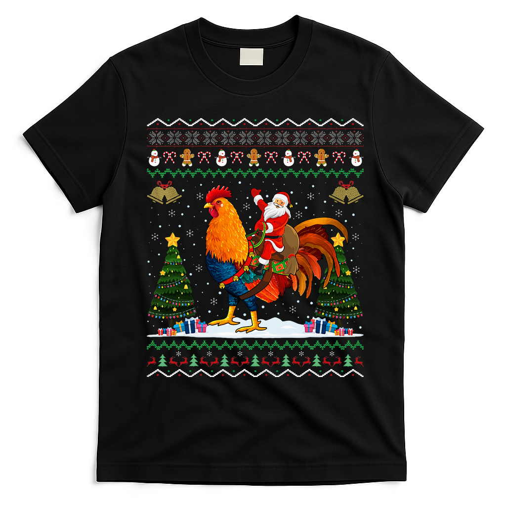 Rooster Ugly Xmas Gift Santa Riding Rooster Christmas T-Shirt - Black