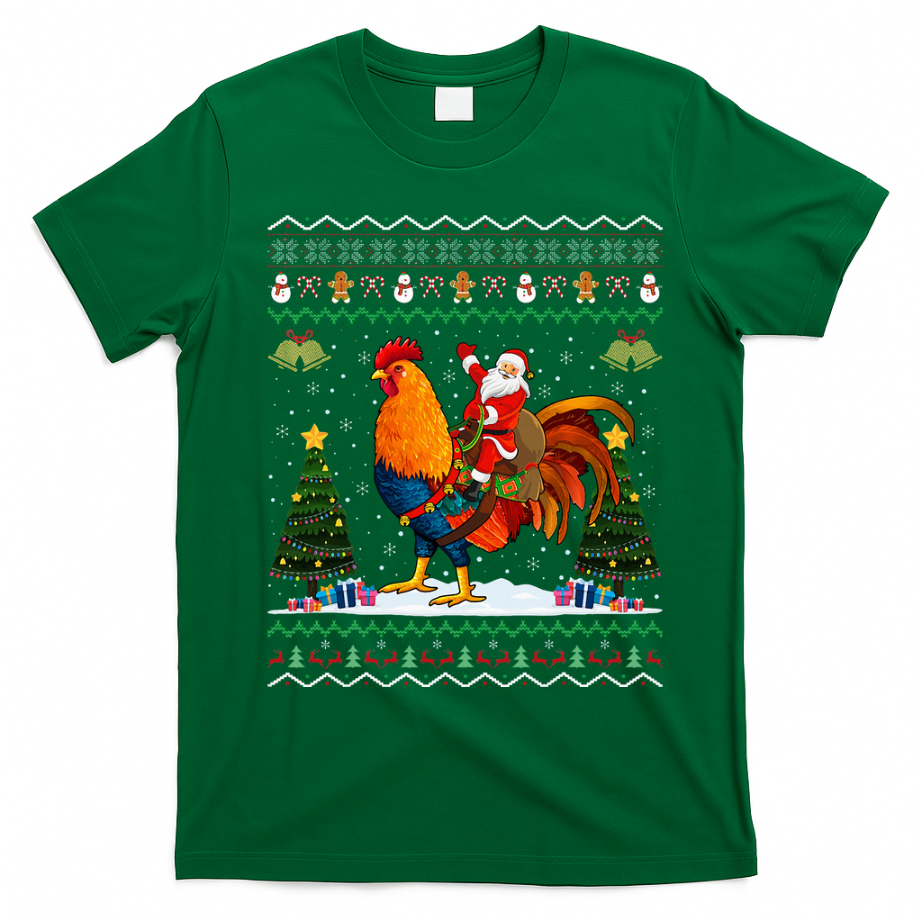 Rooster Ugly Xmas Gift Santa Riding Rooster Christmas T-Shirt - Irish Green