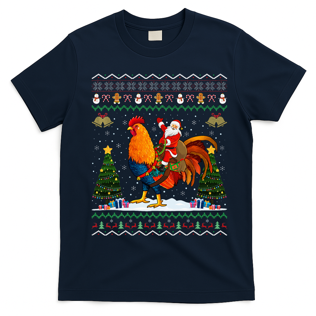 Rooster Ugly Xmas Gift Santa Riding Rooster Christmas T-Shirt - Navy Blue