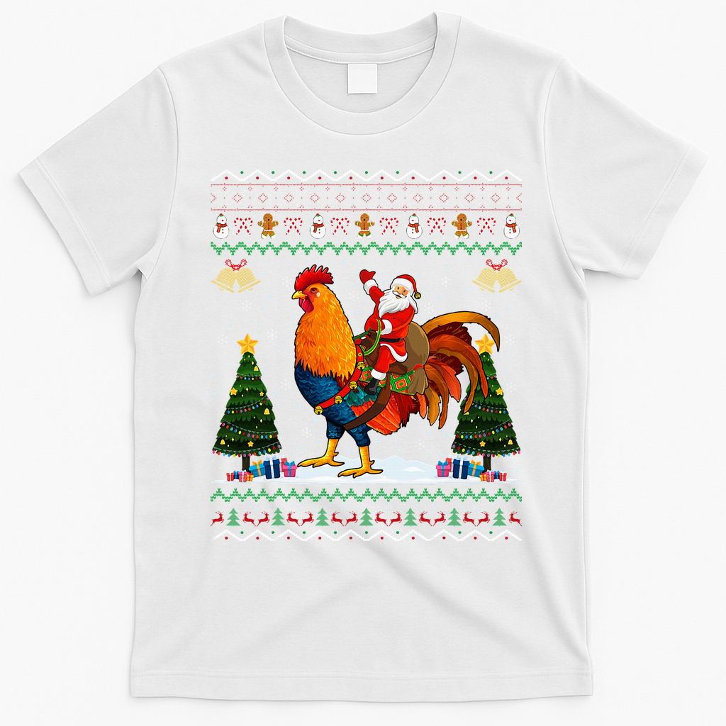 Rooster Ugly Xmas Gift Santa Riding Rooster Christmas T-Shirt - White