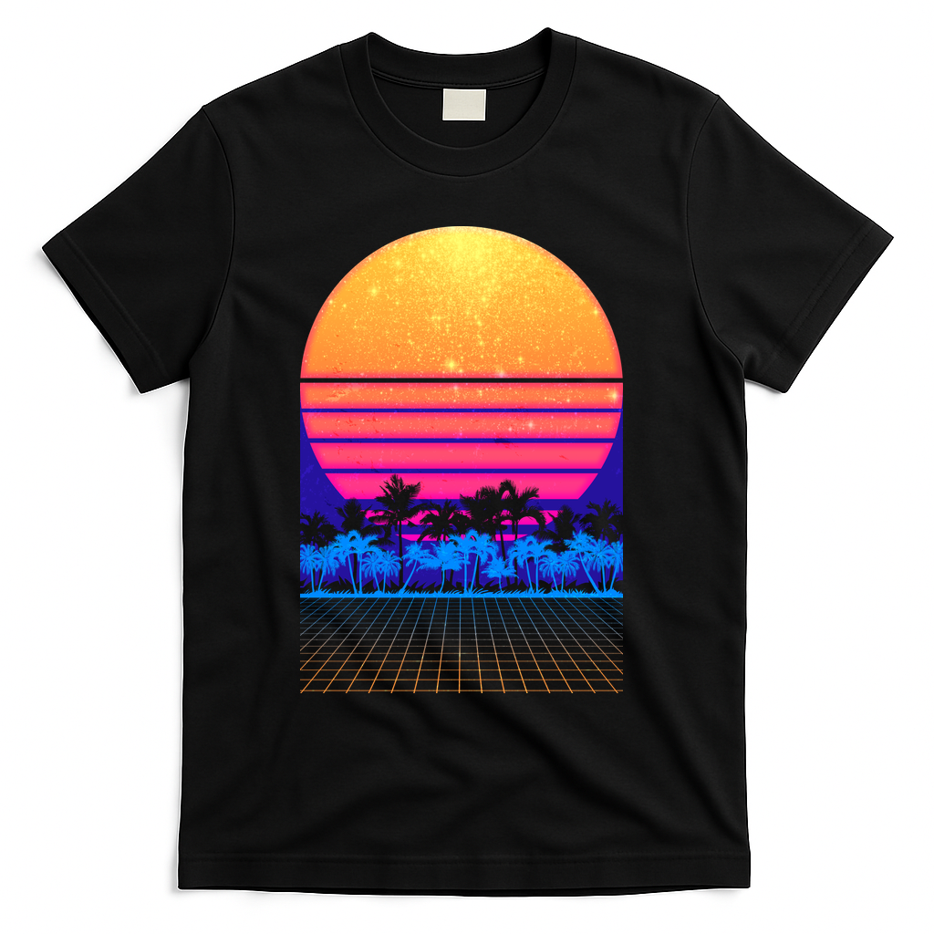 Retro Vaporwave Tropical Sunset Vibes T-Shirt - Black