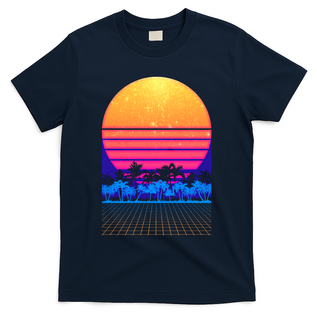Retro Vaporwave Tropical Sunset Vibes T-Shirt - Navy