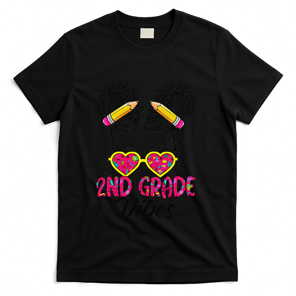 Second 2nd Grade Vibes Messy Bun Back To School Afro T-Shirt - Black
