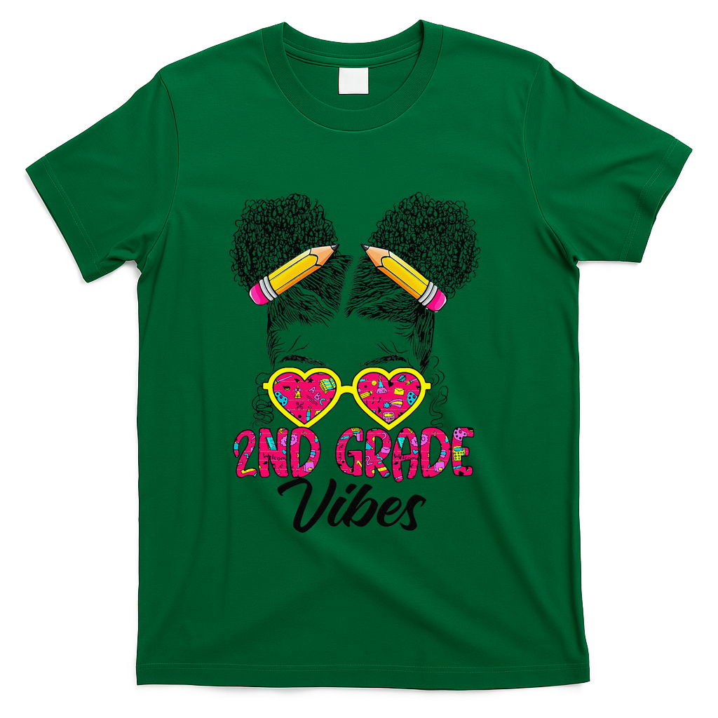 Second 2nd Grade Vibes Messy Bun Back To School Afro T-Shirt - Green