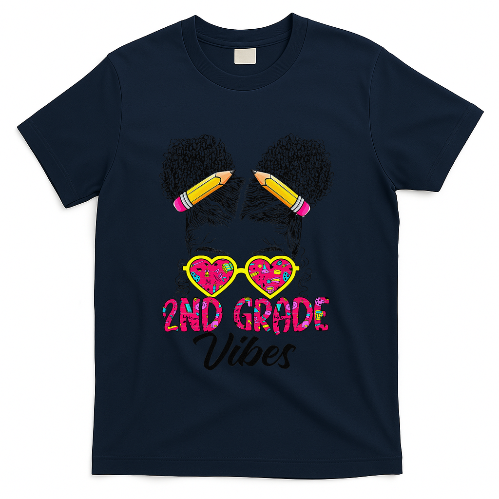Second 2nd Grade Vibes Messy Bun Back To School Afro T-Shirt - Navy