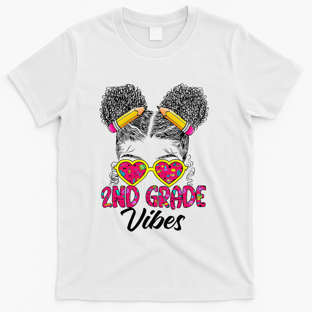 Second 2nd Grade Vibes Messy Bun Back To School Afro T-Shirt - White