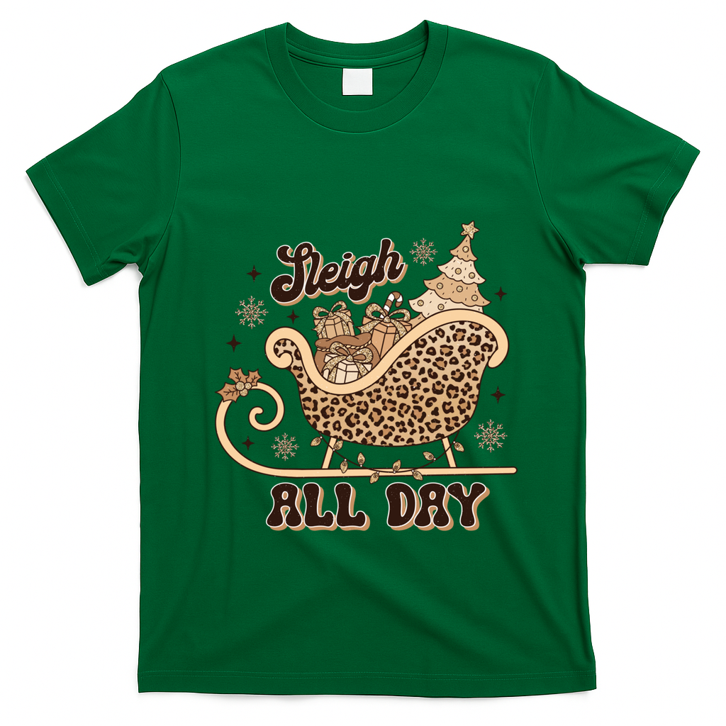 Sleigh All Day Leopard Christmas Tree Snowflake Holiday Xmas Cool Gift T-Shirt - Irish Green