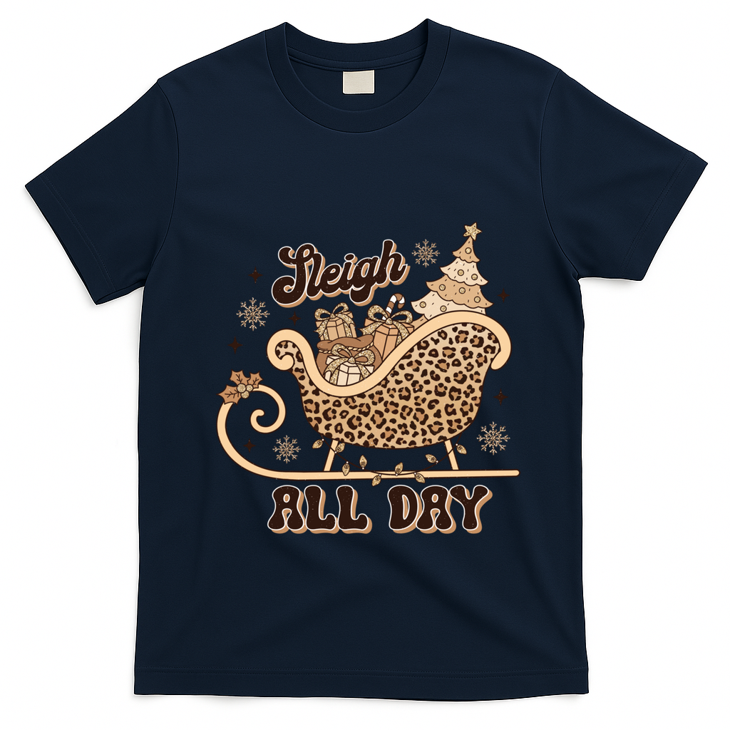 Sleigh All Day Leopard Christmas Tree Snowflake Holiday Xmas Cool Gift T-Shirt - Navy Blue
