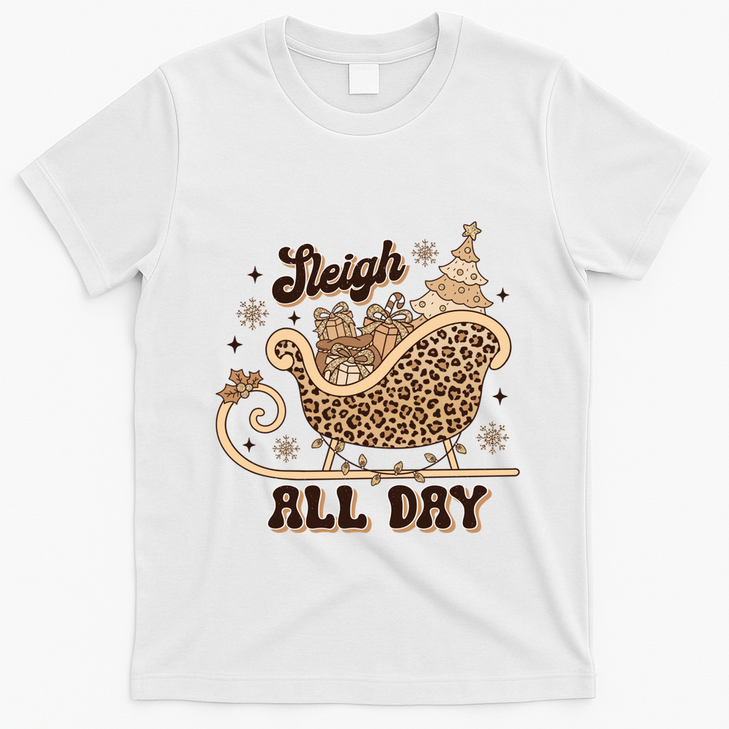 Sleigh All Day Leopard Christmas Tree Snowflake Holiday Xmas Cool Gift T-Shirt - White