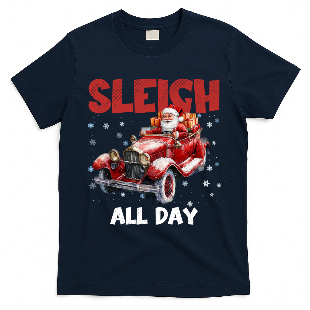 Sleigh All Day Vintage Christmas T-Shirt - Navy Blue