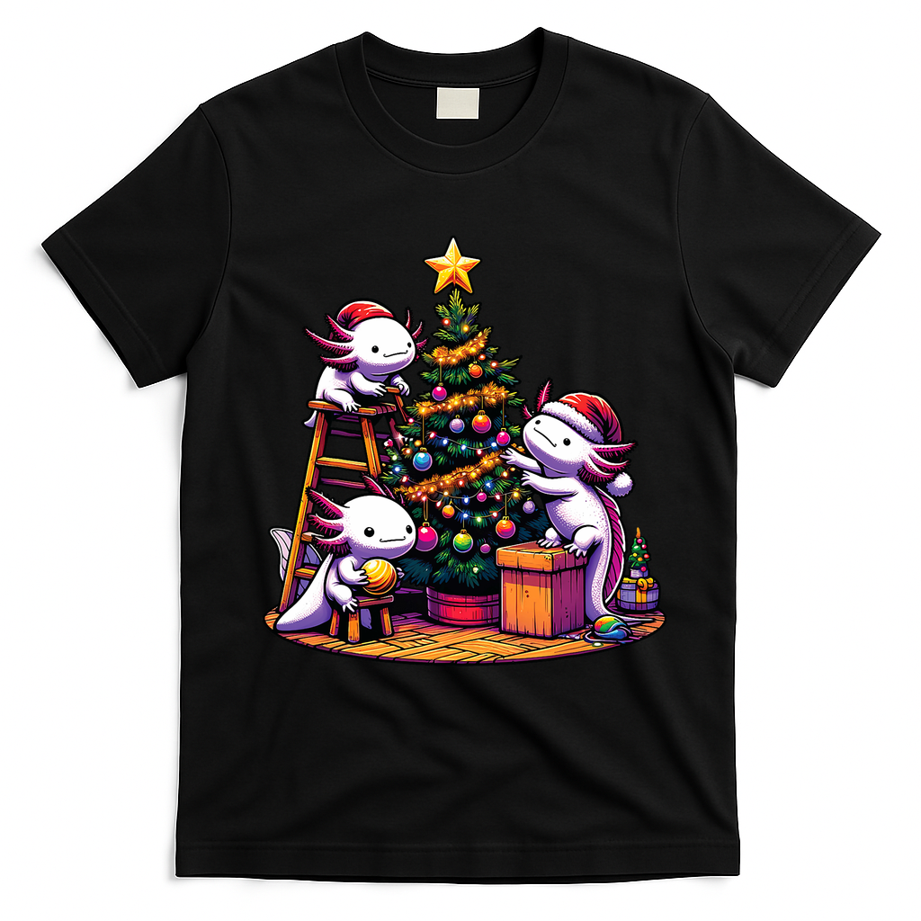Sea Animal Lovers Kawaii Axolotl Decorating Christmas Tree T-Shirt - Black