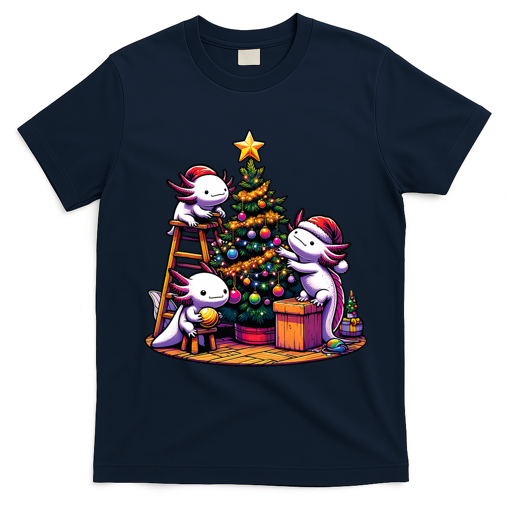 Sea Animal Lovers Kawaii Axolotl Decorating Christmas Tree T-Shirt - Navy Blue