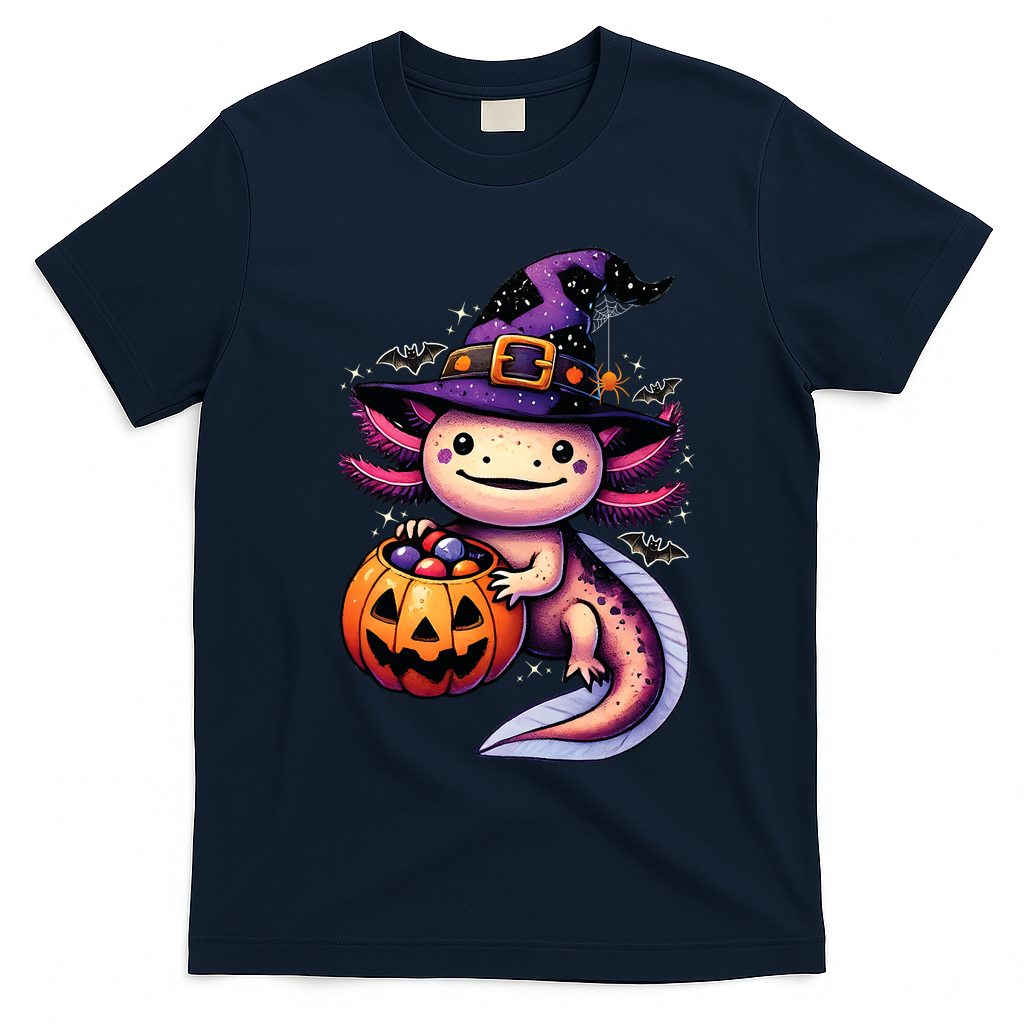 Sea Animal Lovers Axolotl Witch Hat Celebrating Halloween T-Shirt - Navy Blue