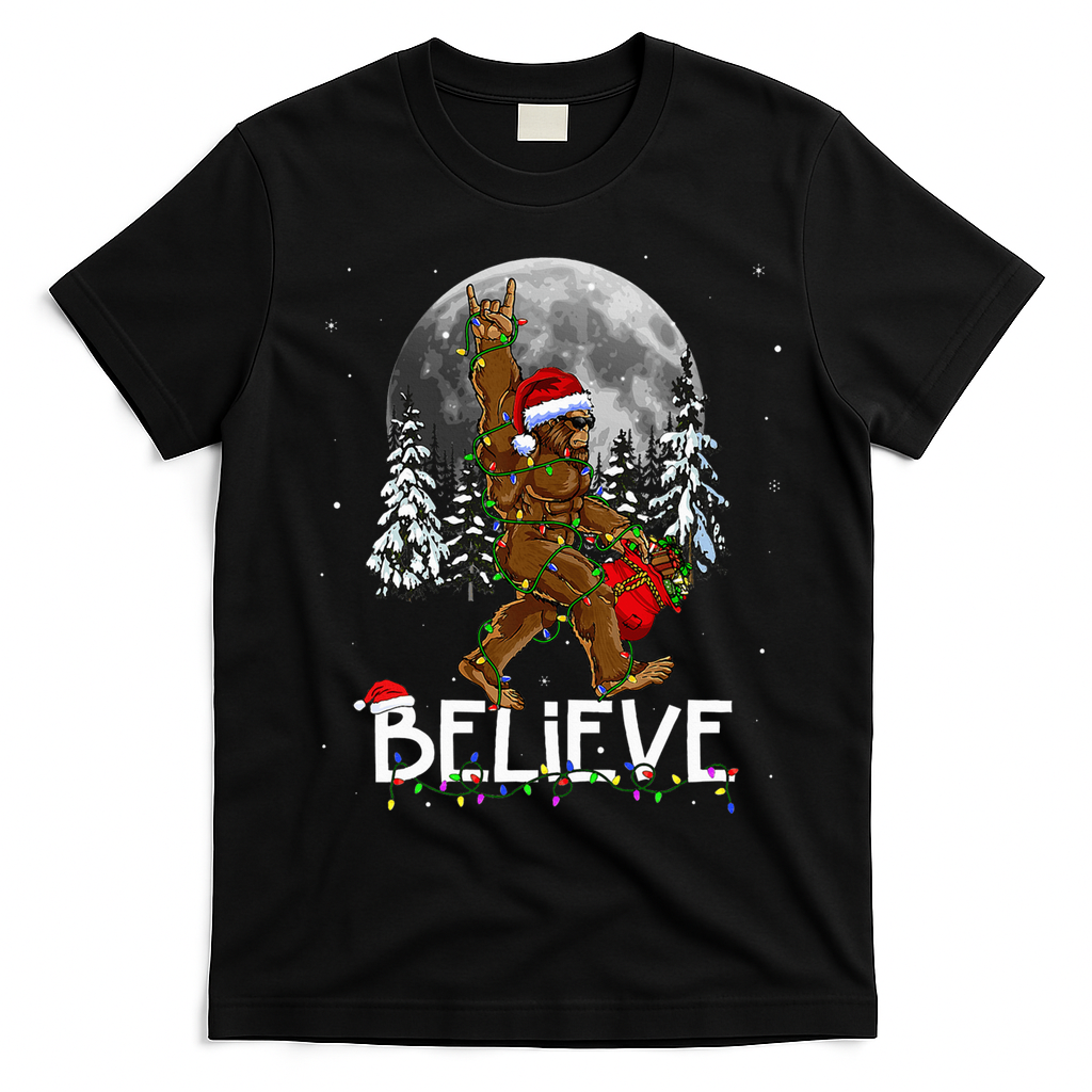 Santa Bigfoot Christmas Sasquatch Believe T-Shirt - Black