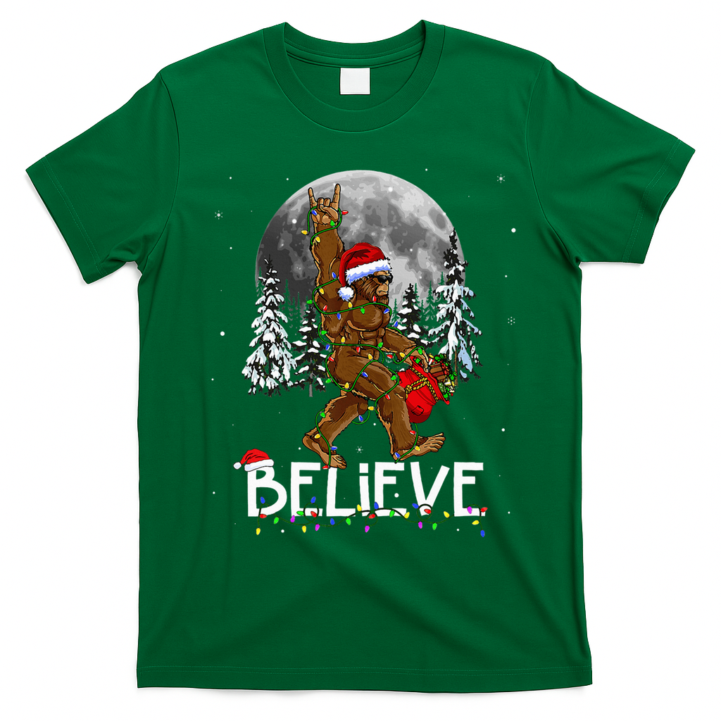 Santa Bigfoot Christmas Sasquatch Believe T-Shirt - Irish Green