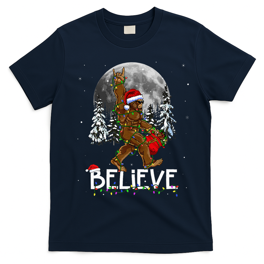 Santa Bigfoot Christmas Sasquatch Believe T-Shirt - Navy Blue