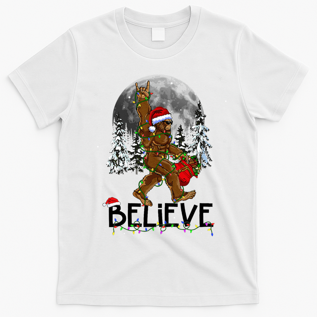 Santa Bigfoot Christmas Sasquatch Believe T-Shirt - White