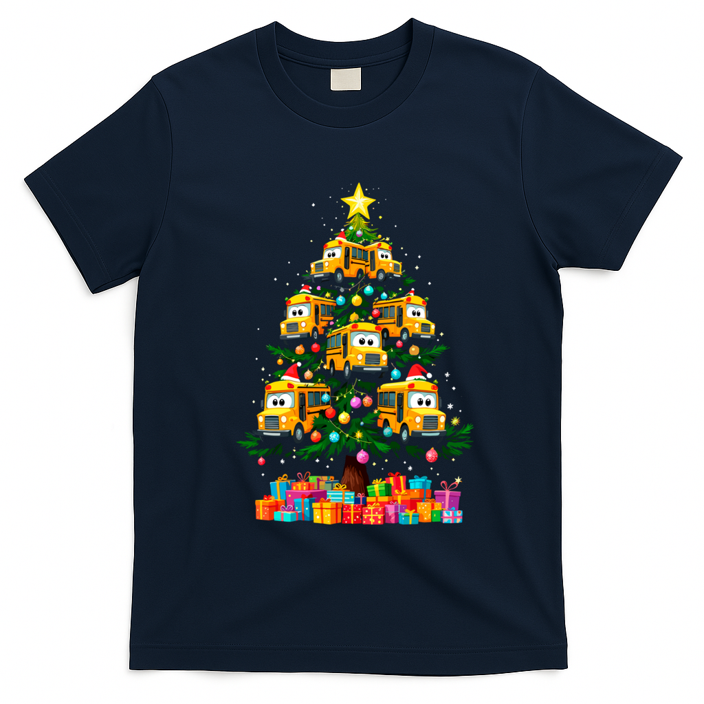 School Bus Christmas Tree Xmas Holidays School Bus Driver Gift T-Shirt - Navy Blue