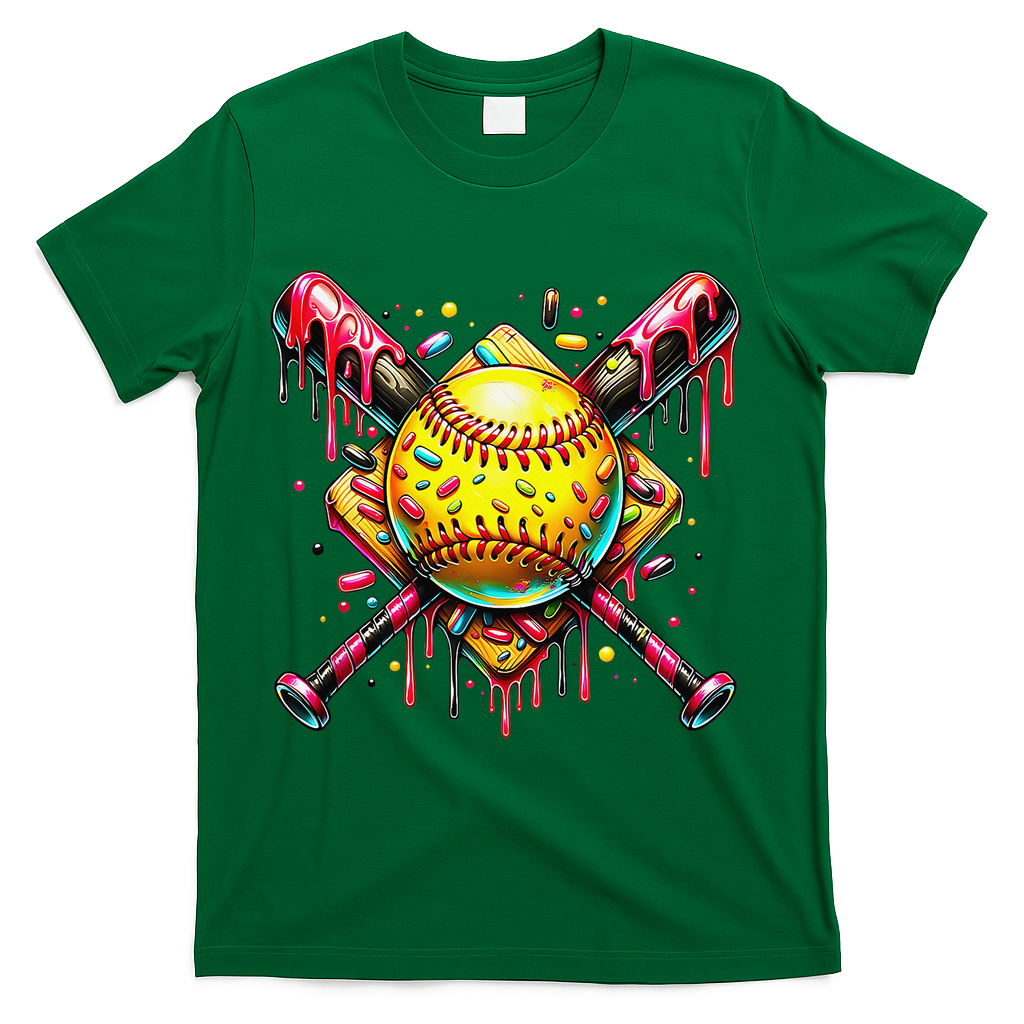 Softball Bat Ice Cream Dripping Baseball Home Plate Drip T-Shirt - Green