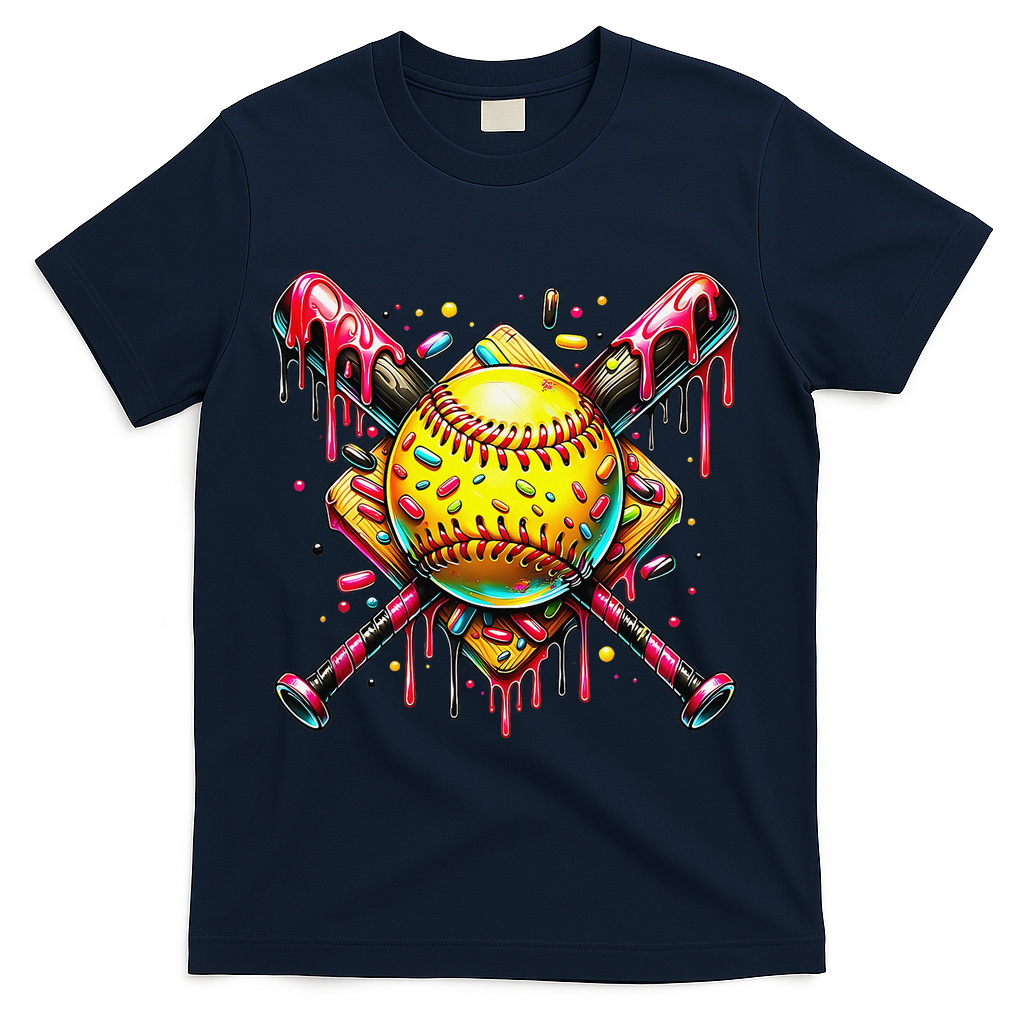 Softball Bat Ice Cream Dripping Baseball Home Plate Drip T-Shirt - Navy
