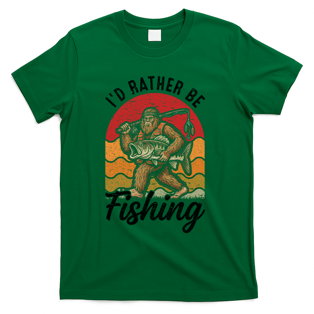 Sasquatch Bigfoot I'd Rather Be Fishing T-Shirt - Green