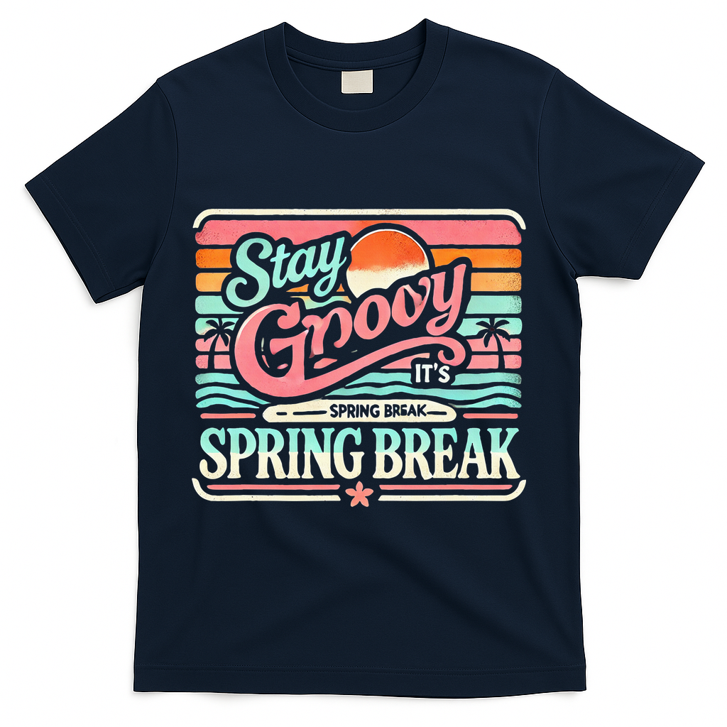 Spring Break Stay Groovy Retro T-Shirt - Navy