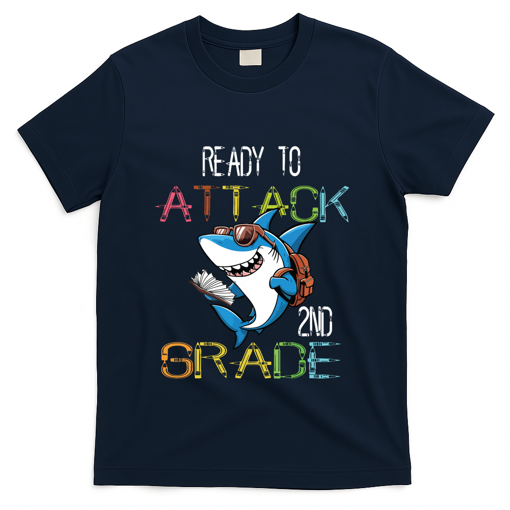 Shark Back To School 2nd Grade Ready To Attack T-Shirt - Navy
