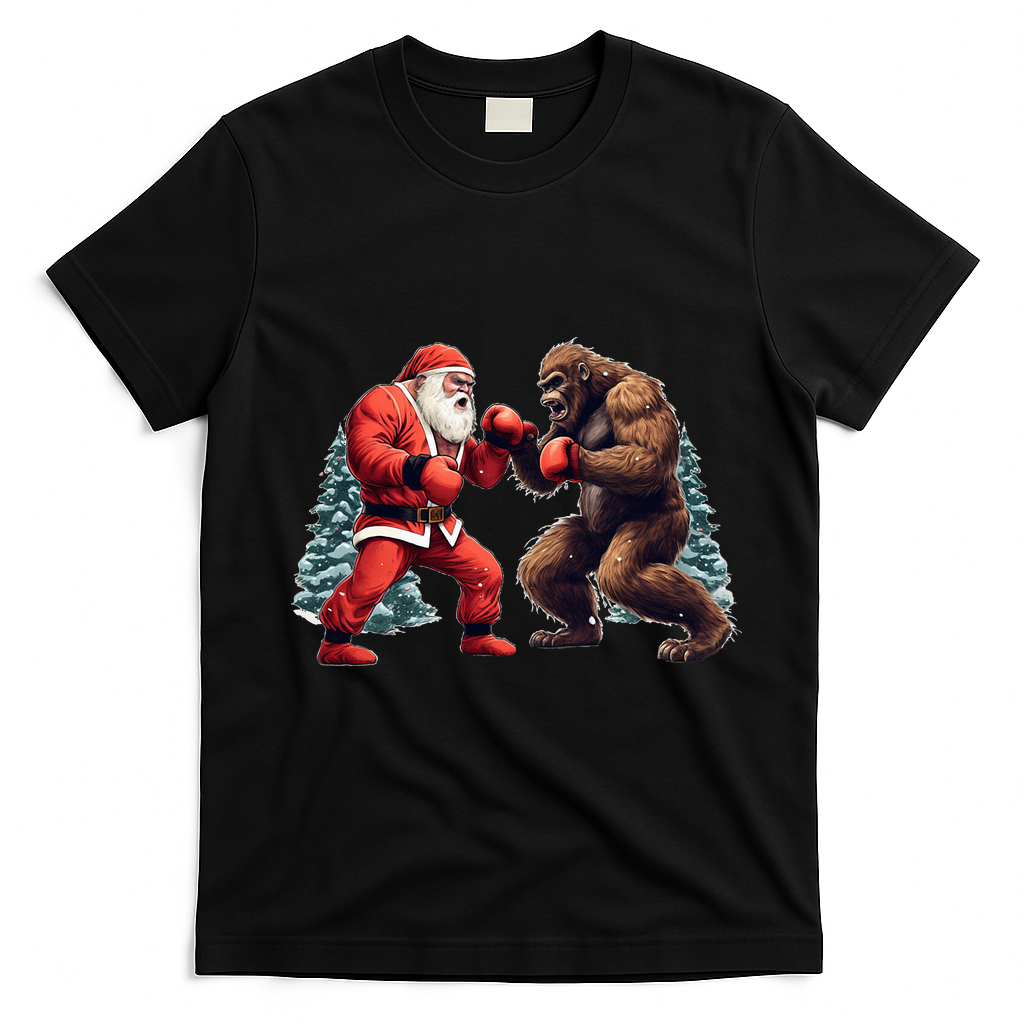 Santa Claus Boxing Bigfoot Sasquatch Christmas T-Shirt - Black