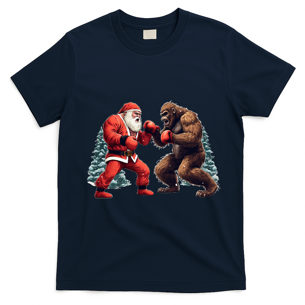 Santa Claus Boxing Bigfoot Sasquatch Christmas T-Shirt - Navy Blue